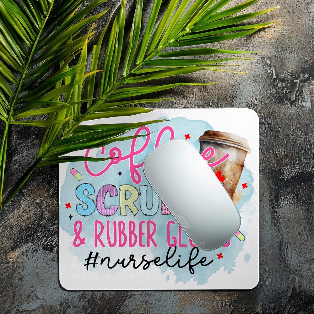 Coffee, Scrubs & Rubber Gloves Nurse Life Mouse Pad - Pink Blue